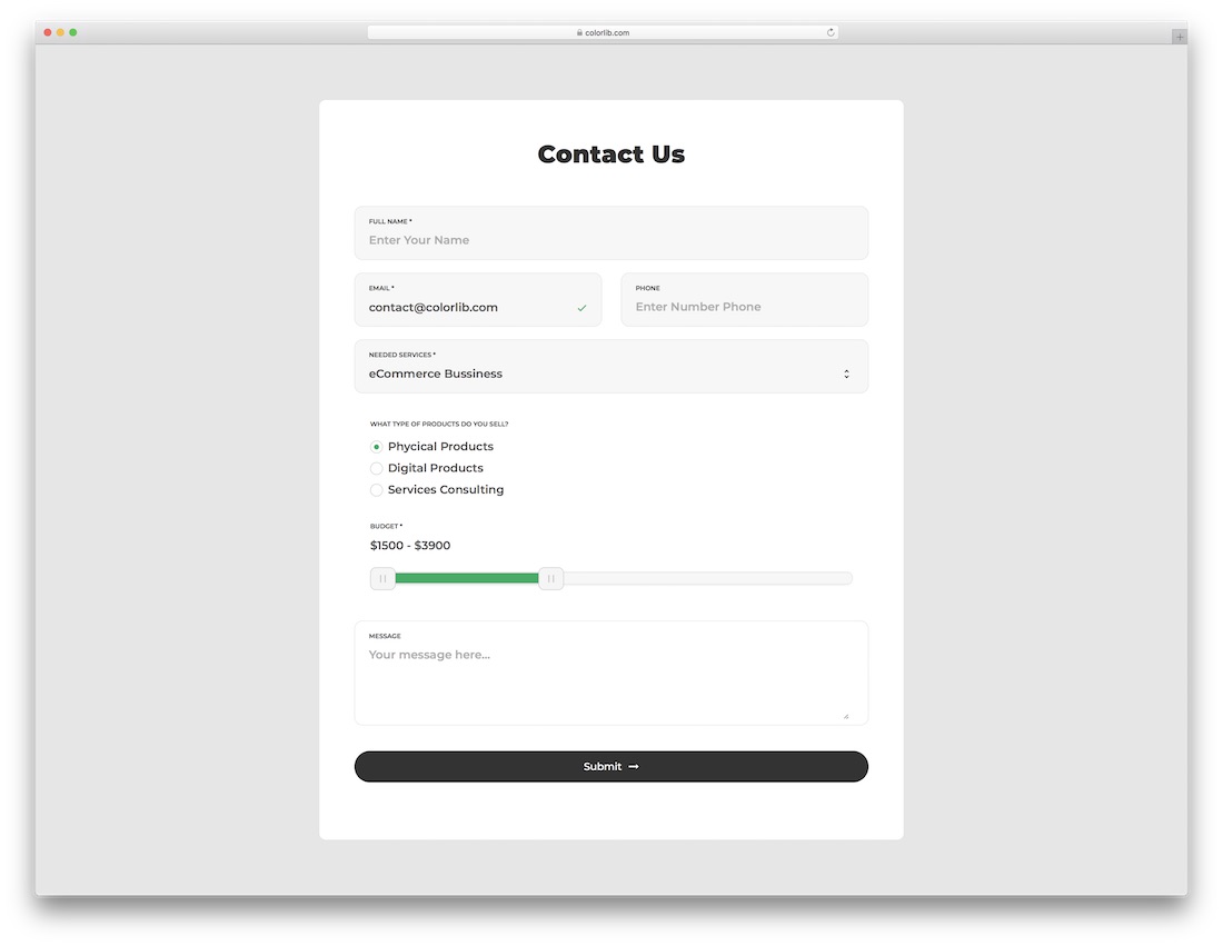 white contact form with budget slider